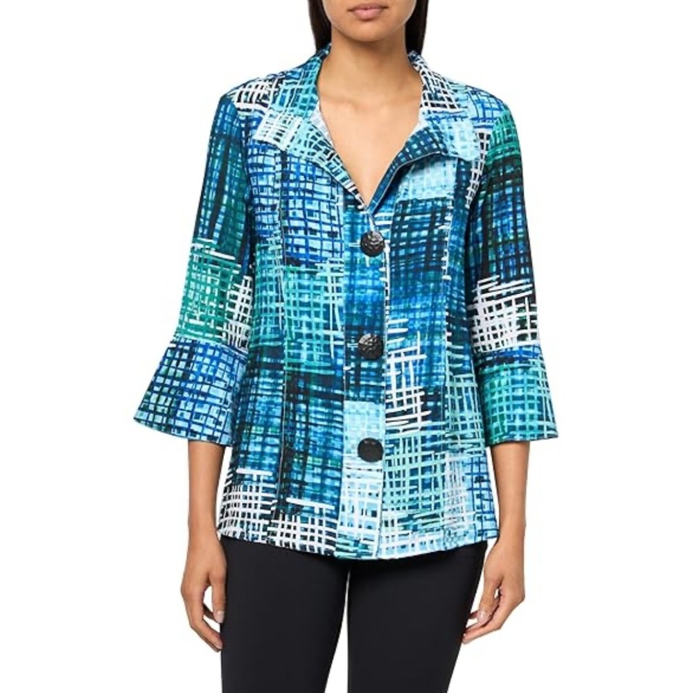 Ali Miles Patchwork Button Front Blue Tunic Blous… - image 2